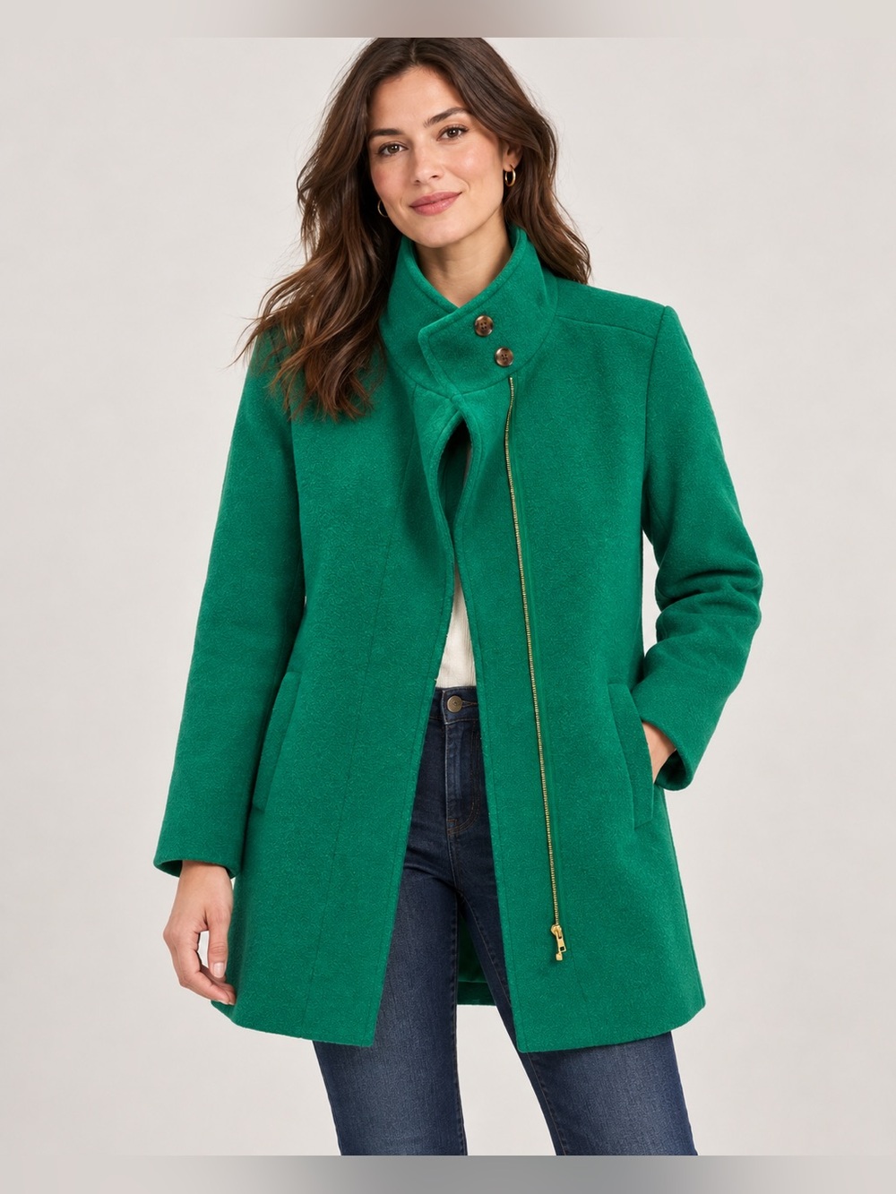 J.Crew Women’s Emerald Green Wool Blend Zip Front Coat Size 10
